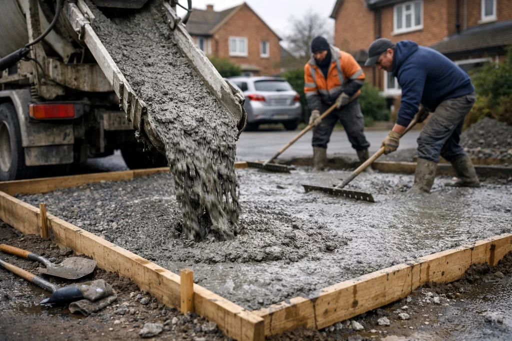 Ready mix concrete delivery with workers spreading fresh concrete on a driveway sub base
