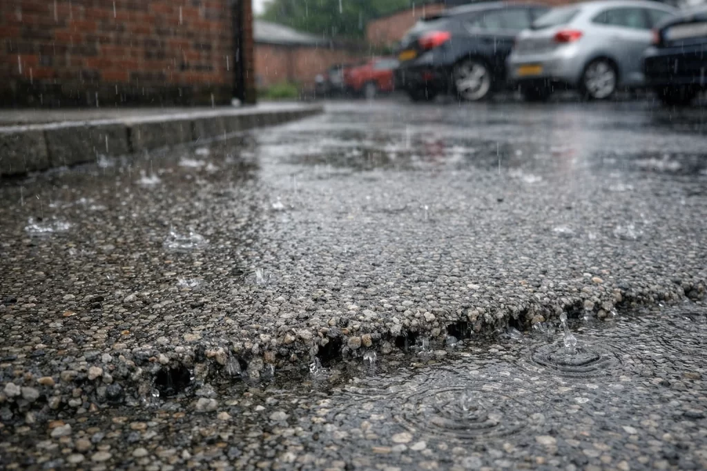 Rainwater draining through permeable concrete surface on a UK driveway without pooling