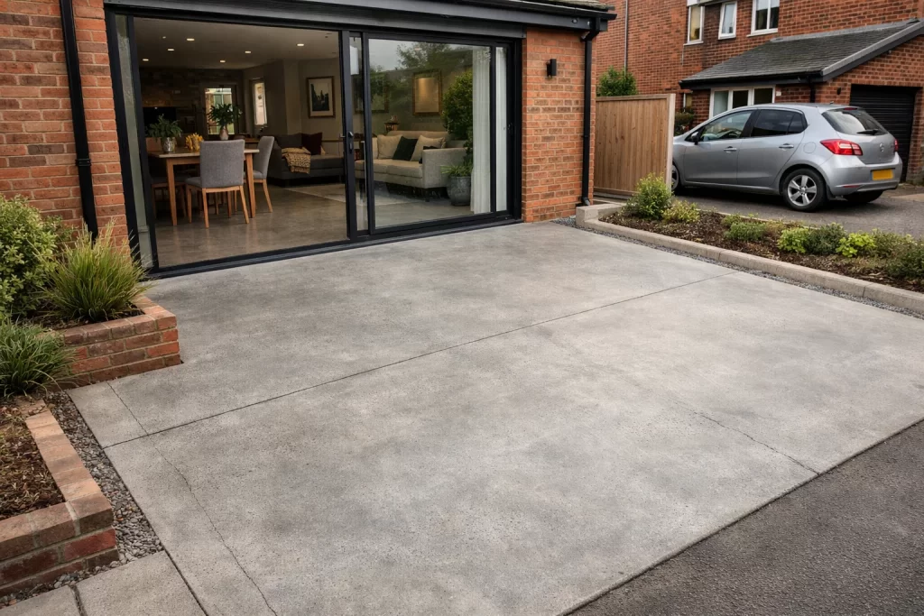 Domestic concrete driveway and polished concrete floor used in a modern UK home
