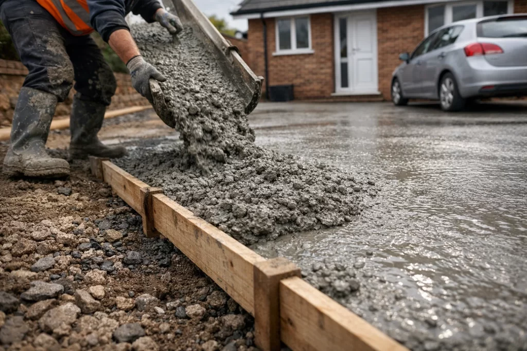 Fresh concrete driveway being poured and levelled at a UK home using the correct concrete mix