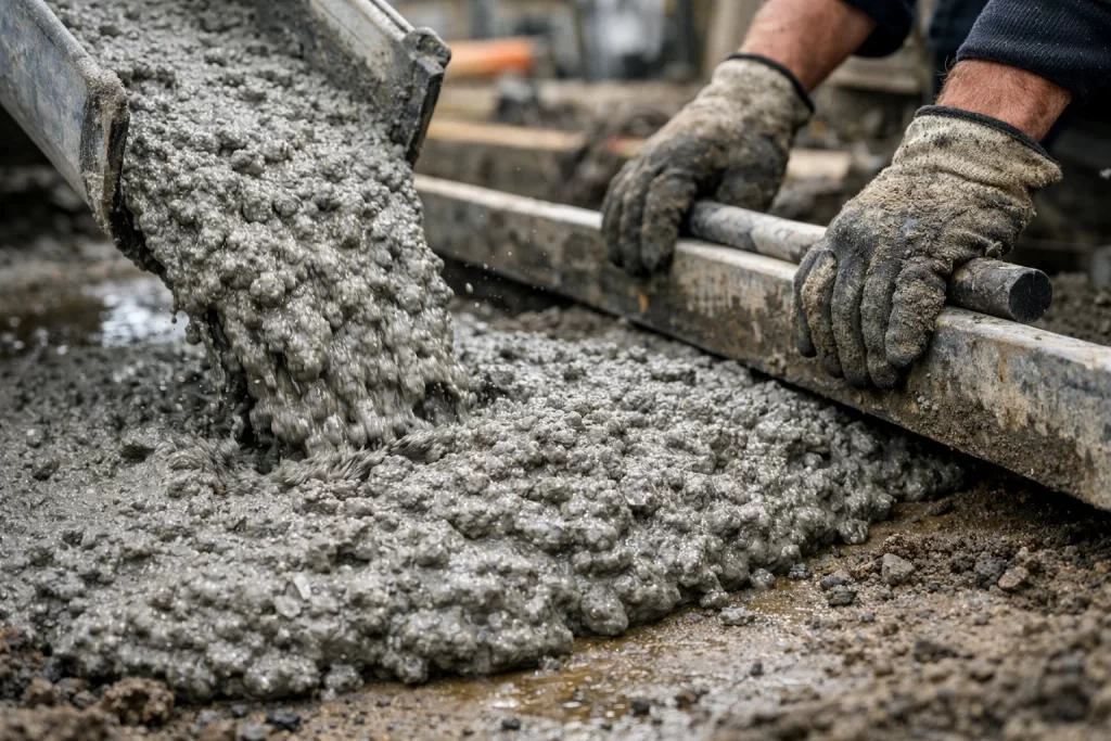 Close-up of volumetric concrete being poured and spread on a UK construction site