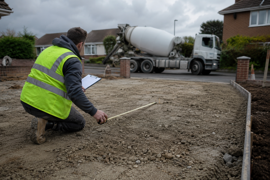Workman measuring up as concrete truck is parked in the background