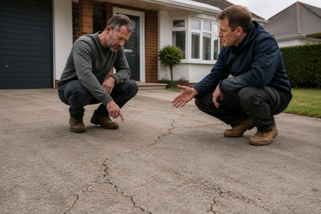 Two workmen inspecting cracked concrete
